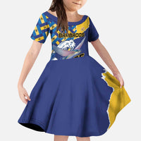 Personalised Barbados Independence Day Kid Short Sleeve Dress Flying Fish Flag Pattern - Wonder Print Shop