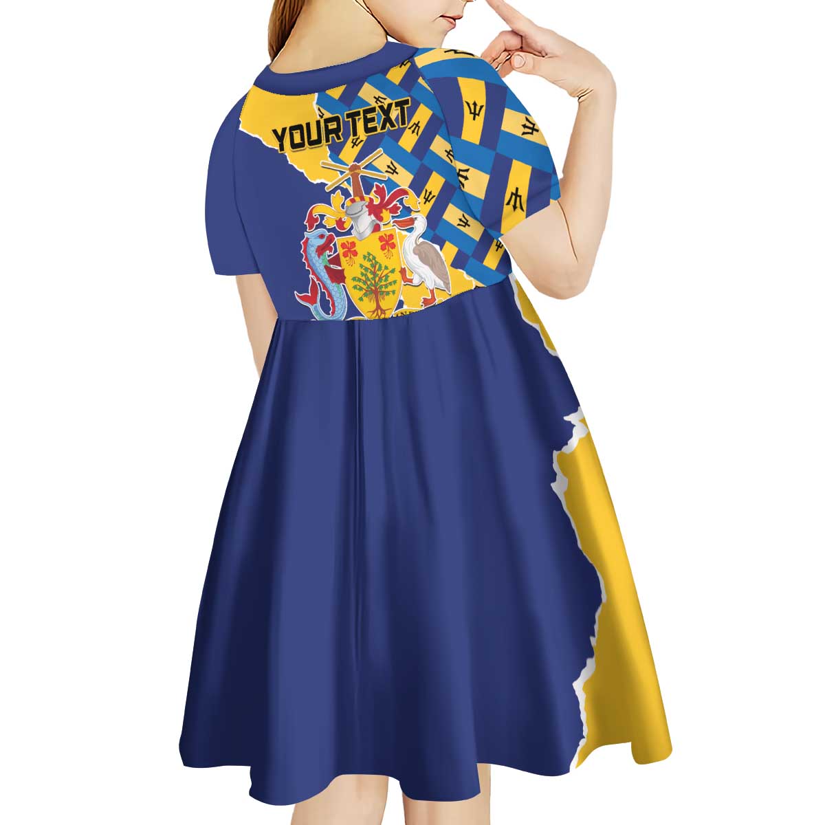 Personalised Barbados Independence Day Kid Short Sleeve Dress Flying Fish Flag Pattern - Wonder Print Shop