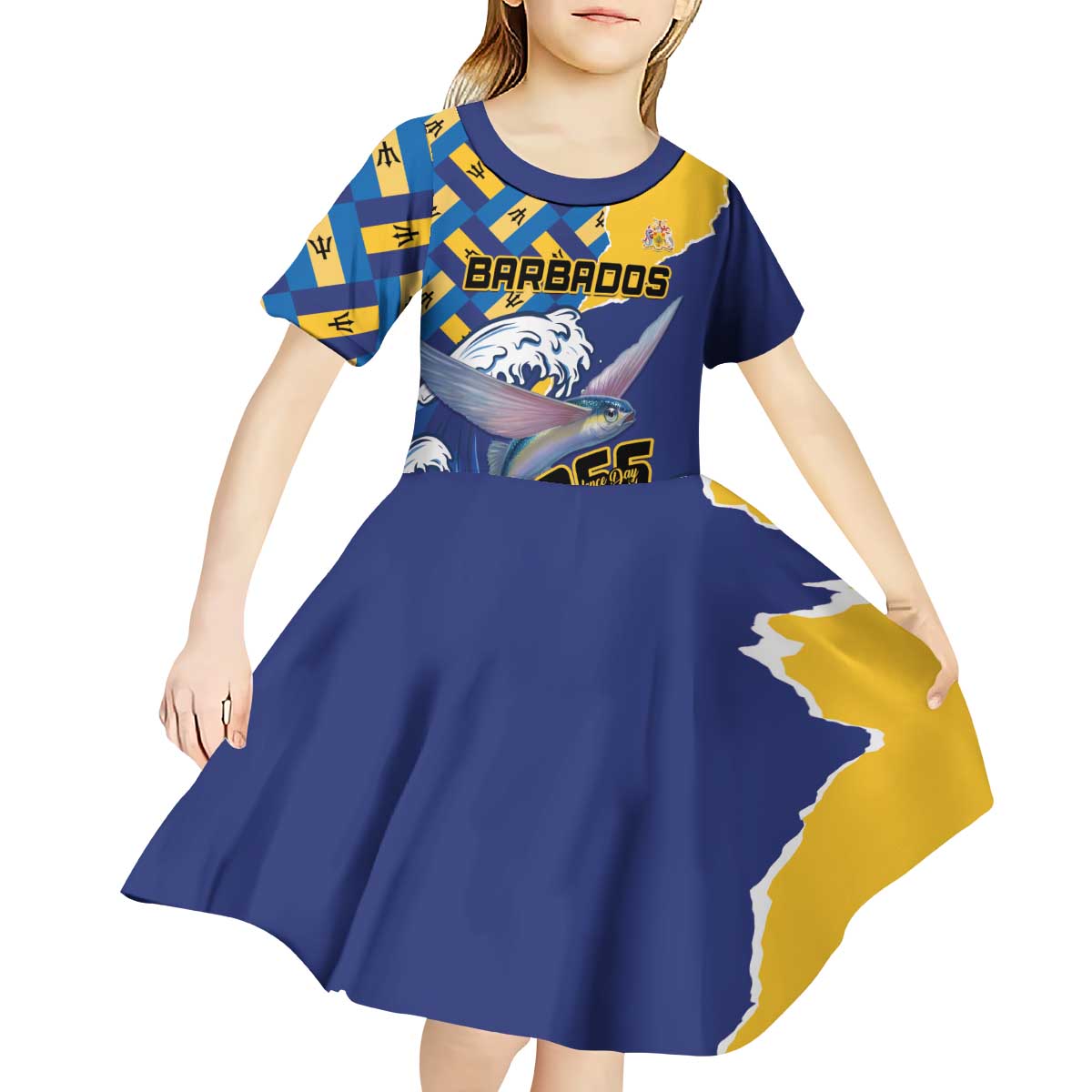 Personalised Barbados Independence Day Kid Short Sleeve Dress Flying Fish Flag Pattern - Wonder Print Shop