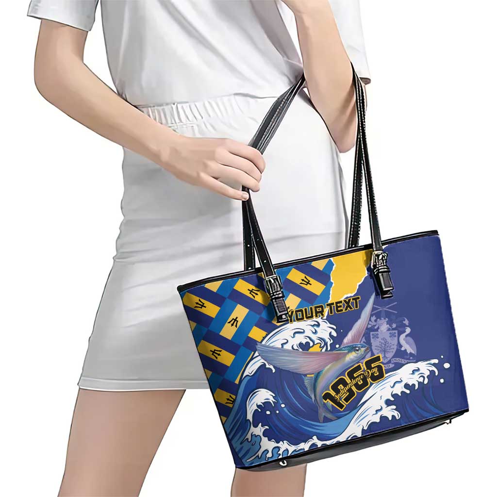Personalised Barbados Independence Day Leather Tote Bag Flying Fish Flag Pattern - Wonder Print Shop