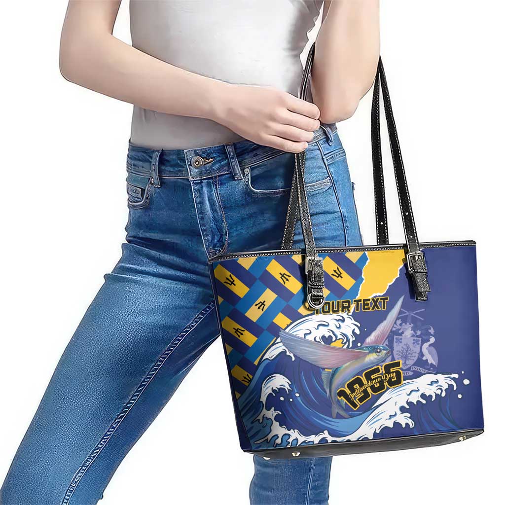Personalised Barbados Independence Day Leather Tote Bag Flying Fish Flag Pattern - Wonder Print Shop