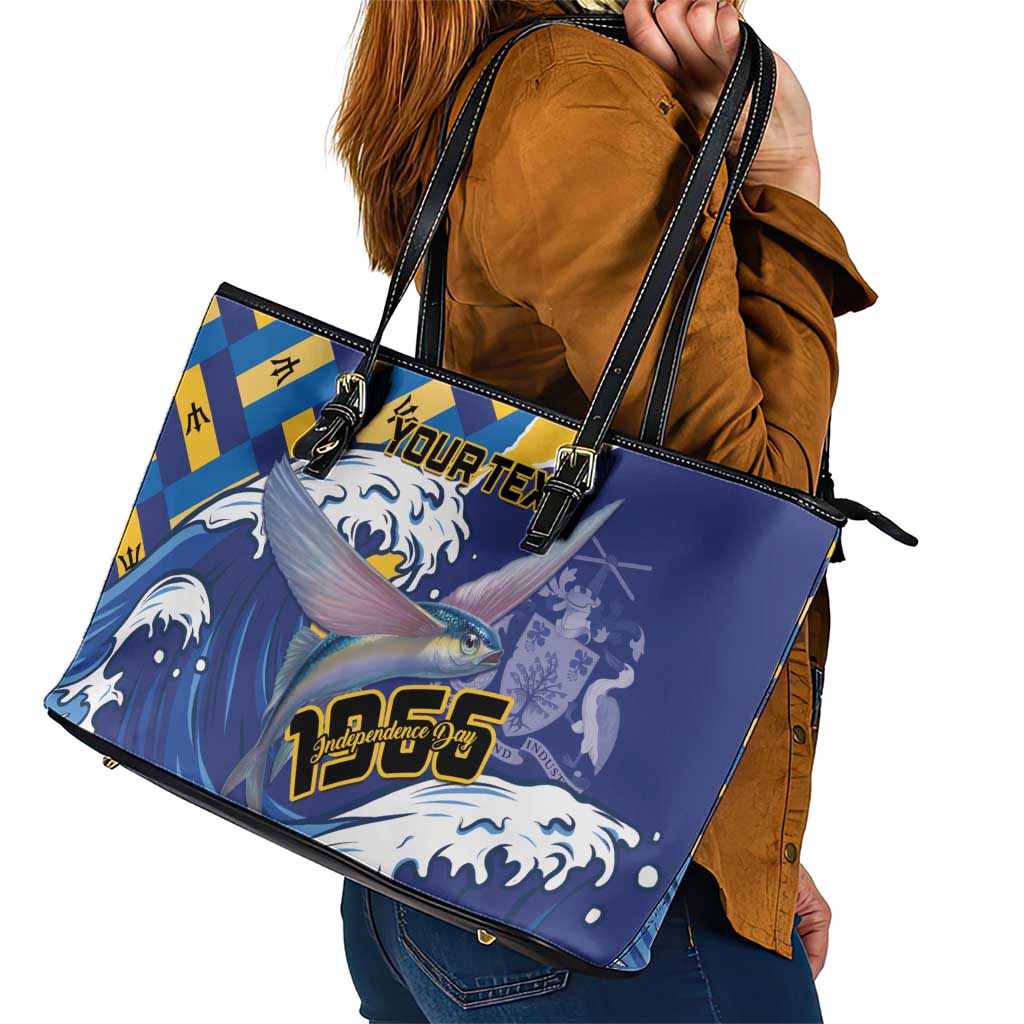Personalised Barbados Independence Day Leather Tote Bag Flying Fish Flag Pattern - Wonder Print Shop
