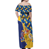 Personalised Barbados Independence Day Off Shoulder Maxi Dress Flying Fish Flag Pattern - Wonder Print Shop