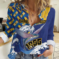 Personalised Barbados Independence Day Women Casual Shirt Flying Fish Flag Pattern - Wonder Print Shop