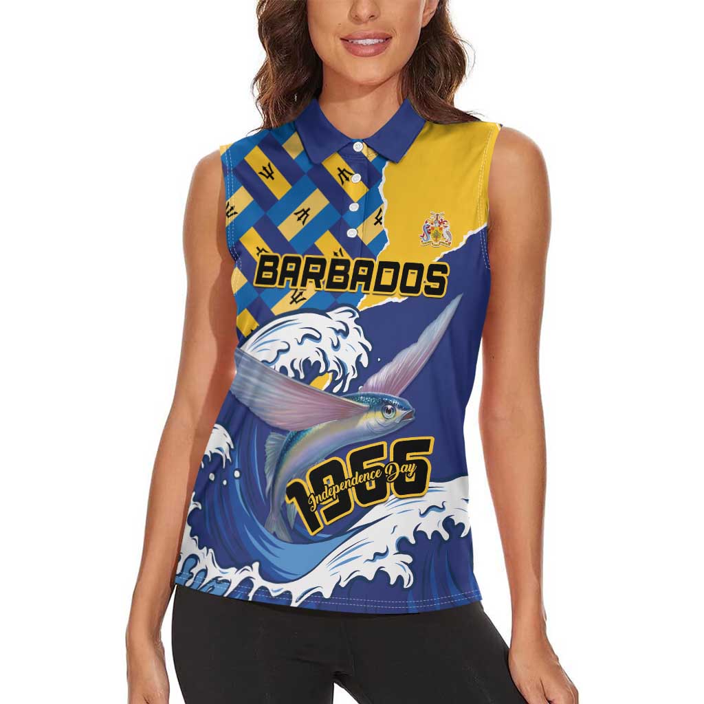 Personalised Barbados Independence Day Women Sleeveless Polo Shirt Flying Fish Flag Pattern - Wonder Print Shop