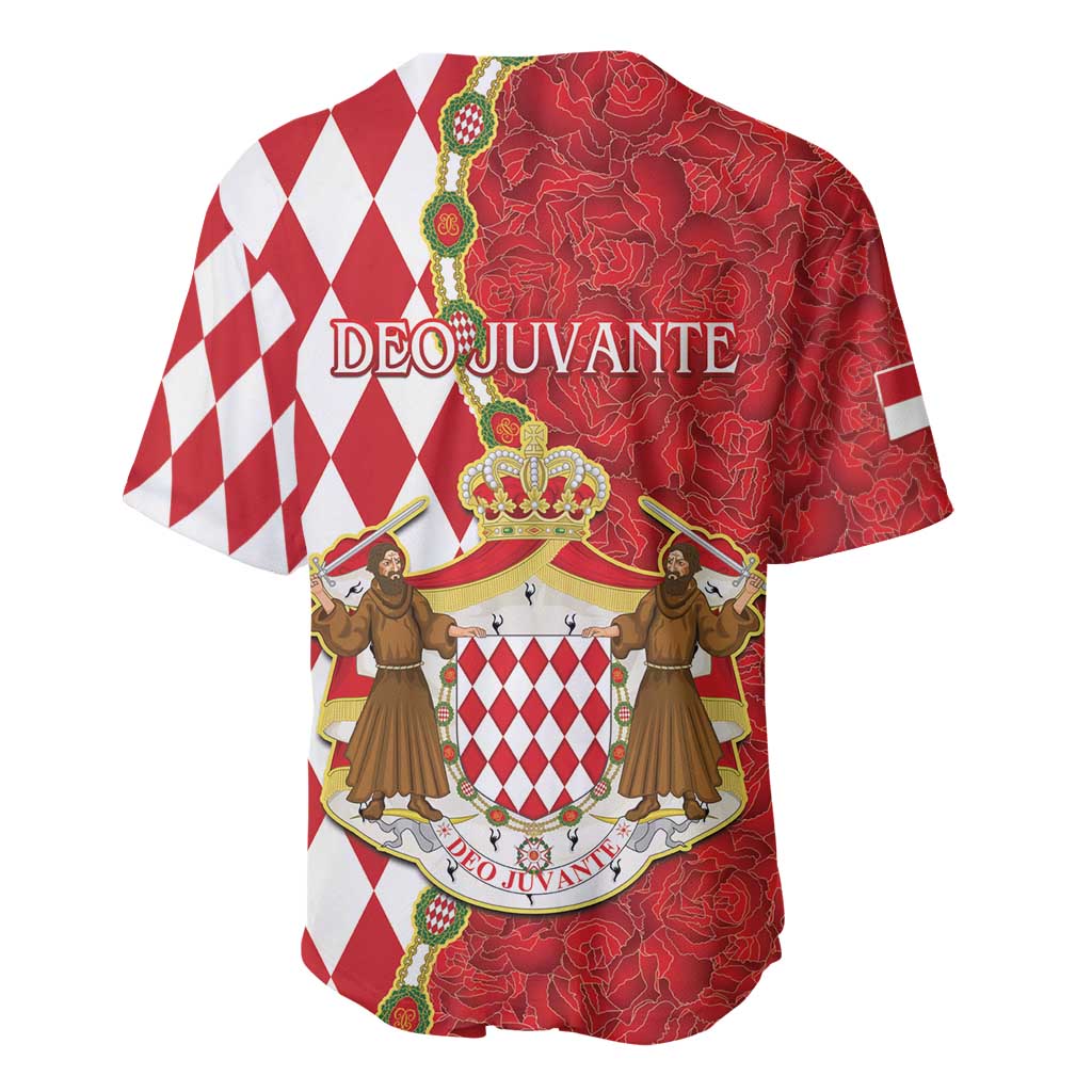 Monaco National Day Baseball Jersey Coat Of Arms Mix Red Carnation Pattern - Wonder Print Shop