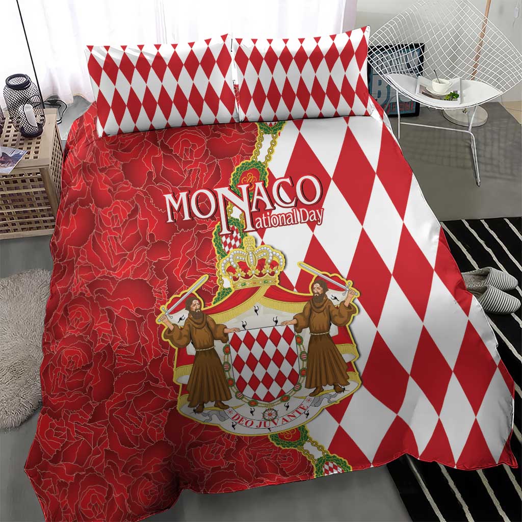 Monaco National Day Bedding Set Coat Of Arms Mix Red Carnation Pattern - Wonder Print Shop