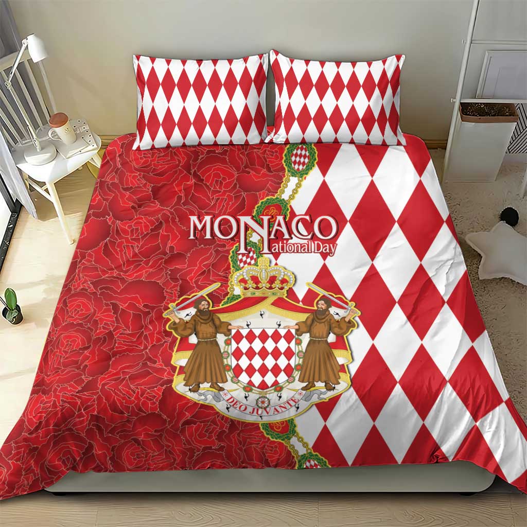 Monaco National Day Bedding Set Coat Of Arms Mix Red Carnation Pattern - Wonder Print Shop