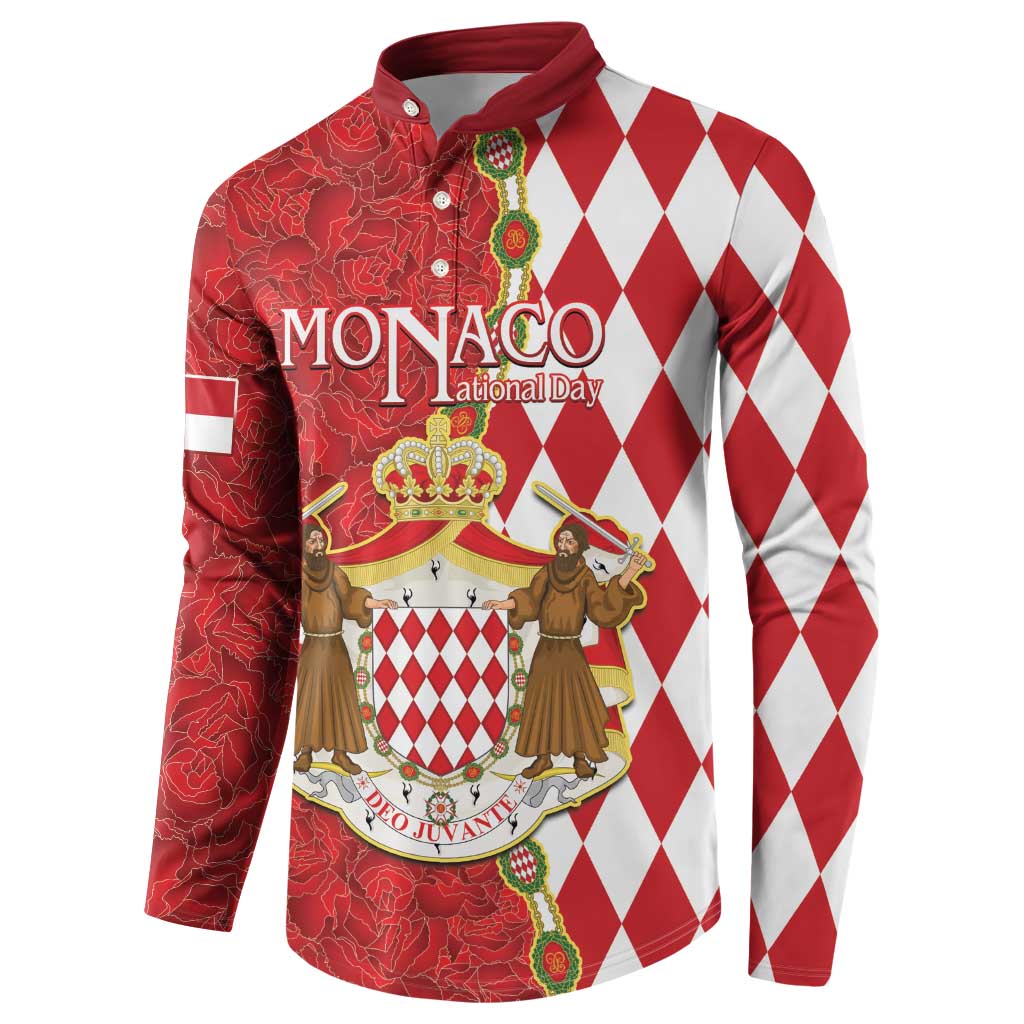 Monaco National Day Button Sweatshirt Coat Of Arms Mix Red Carnation Pattern - Wonder Print Shop
