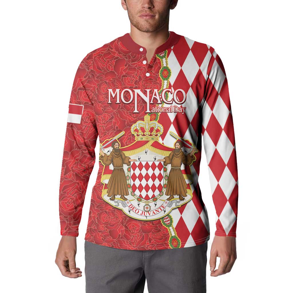Monaco National Day Button Sweatshirt Coat Of Arms Mix Red Carnation Pattern - Wonder Print Shop