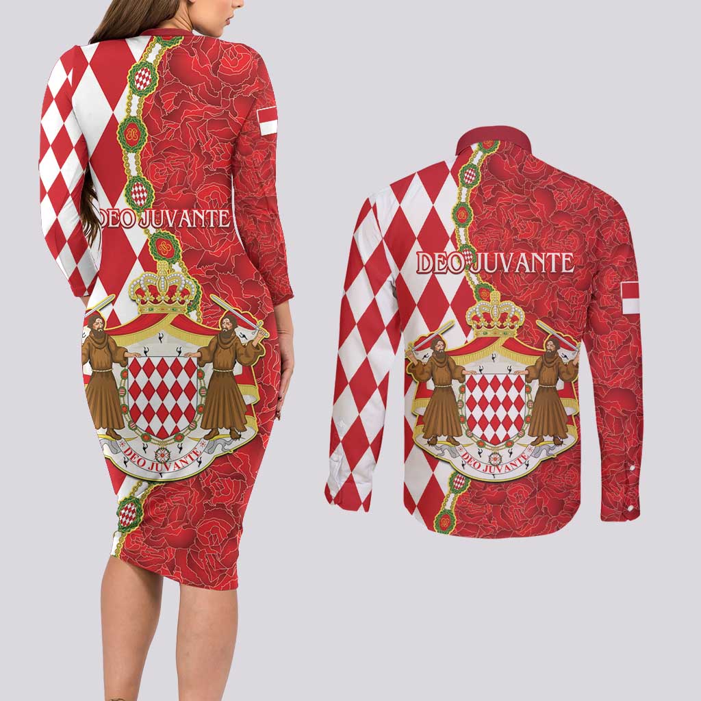 Monaco National Day Couples Matching Long Sleeve Bodycon Dress and Long Sleeve Button Shirt Coat Of Arms Mix Red Carnation Pattern - Wonder Print Shop