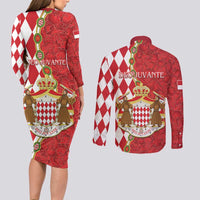 Monaco National Day Couples Matching Long Sleeve Bodycon Dress and Long Sleeve Button Shirt Coat Of Arms Mix Red Carnation Pattern - Wonder Print Shop
