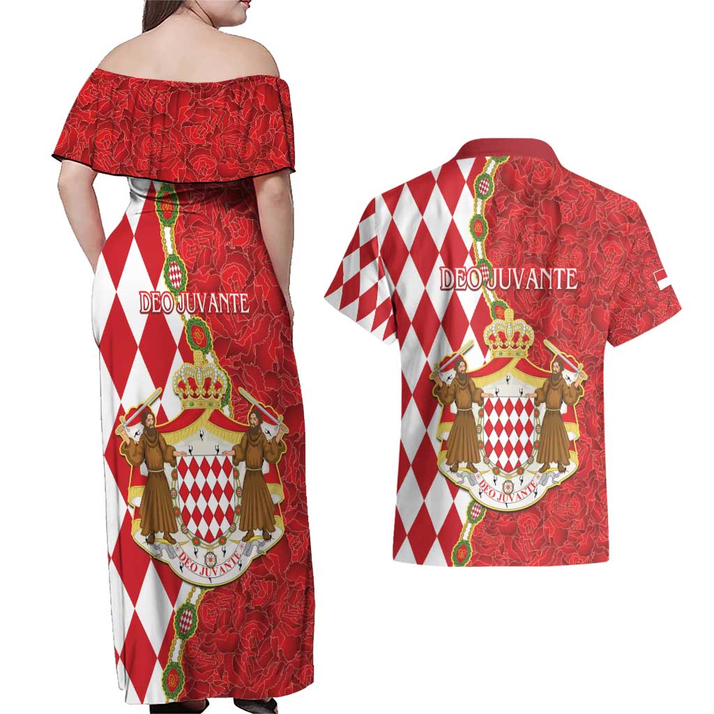 Monaco National Day Couples Matching Off Shoulder Maxi Dress and Hawaiian Shirt Coat Of Arms Mix Red Carnation Pattern - Wonder Print Shop