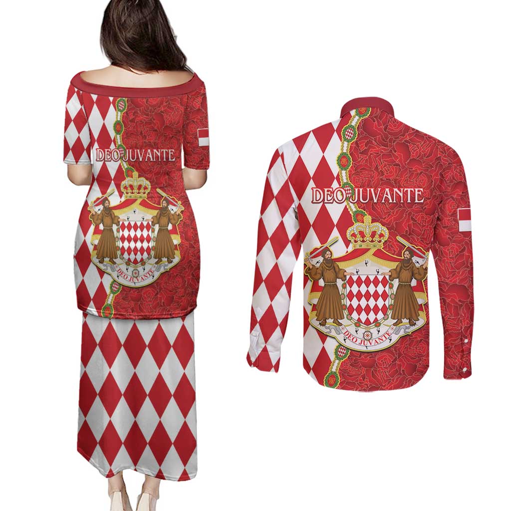 Monaco National Day Couples Matching Puletasi and Long Sleeve Button Shirt Coat Of Arms Mix Red Carnation Pattern - Wonder Print Shop