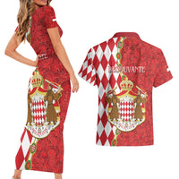 Monaco National Day Couples Matching Short Sleeve Bodycon Dress and Hawaiian Shirt Coat Of Arms Mix Red Carnation Pattern - Wonder Print Shop