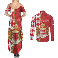 Monaco National Day Couples Matching Summer Maxi Dress and Long Sleeve Button Shirt Coat Of Arms Mix Red Carnation Pattern - Wonder Print Shop