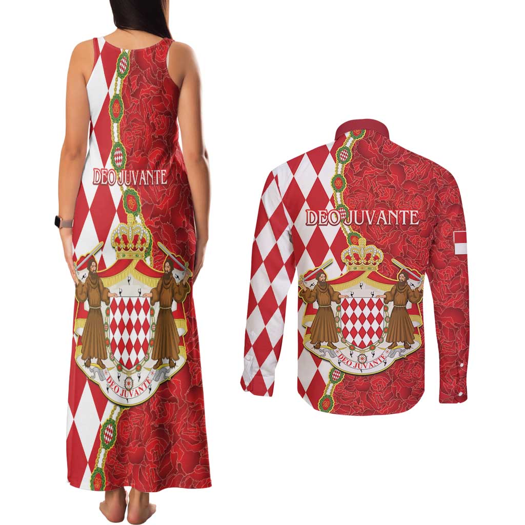 Monaco National Day Couples Matching Tank Maxi Dress and Long Sleeve Button Shirt Coat Of Arms Mix Red Carnation Pattern - Wonder Print Shop