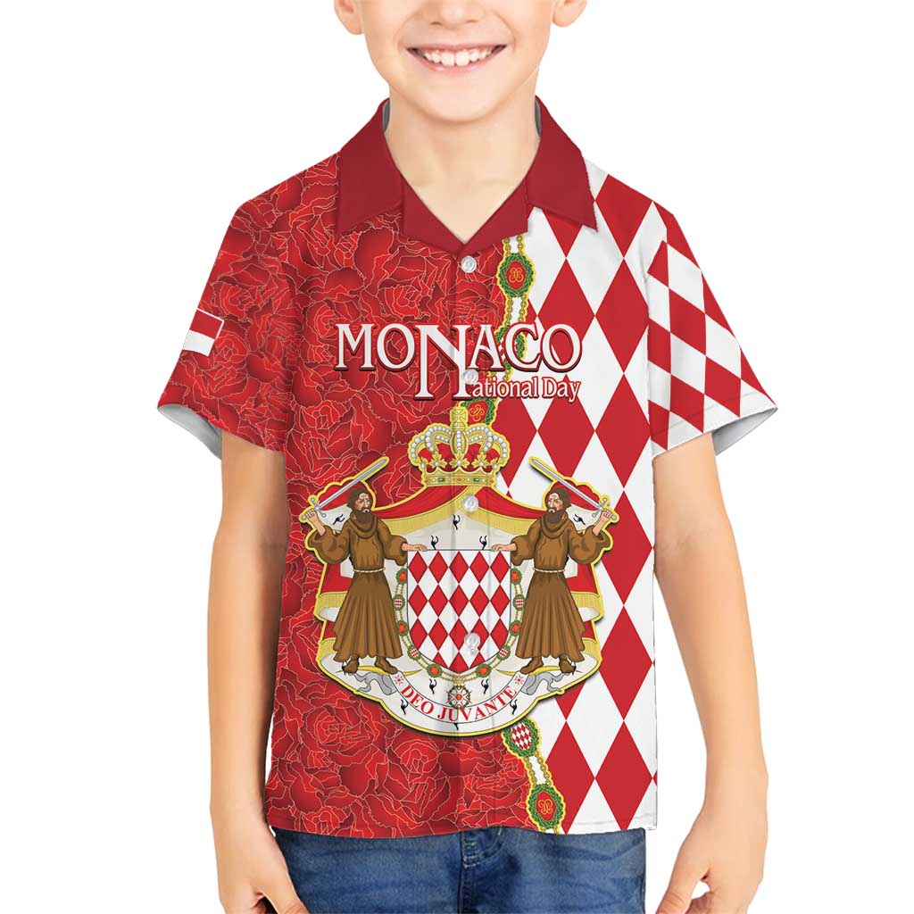 Monaco National Day Family Matching Long Sleeve Bodycon Dress and Hawaiian Shirt Coat Of Arms Mix Red Carnation Pattern - Wonder Print Shop