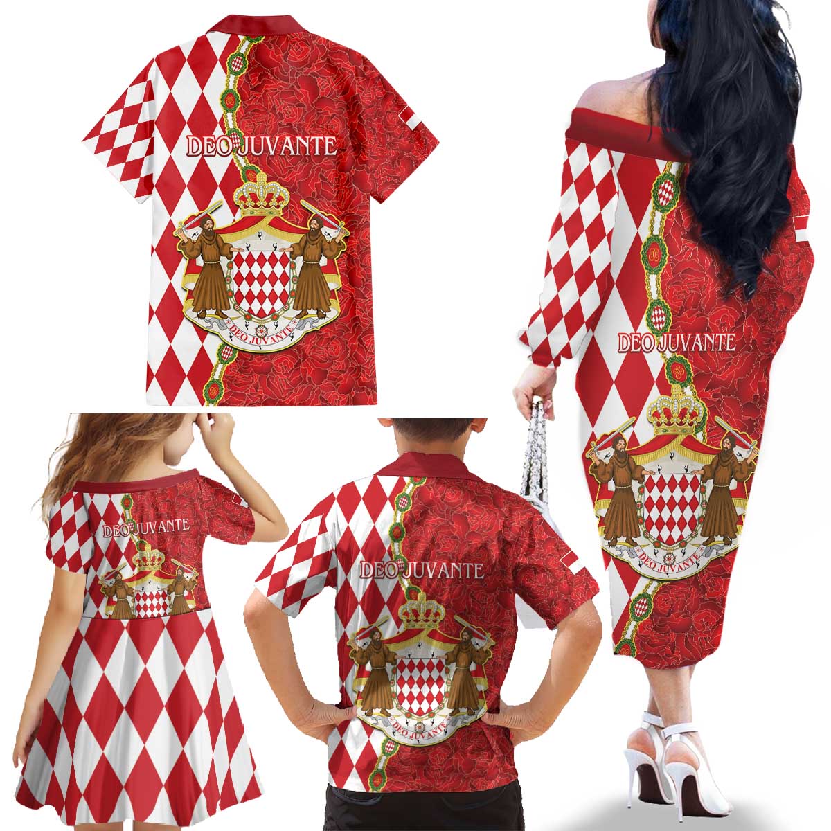 Monaco National Day Family Matching Off The Shoulder Long Sleeve Dress and Hawaiian Shirt Coat Of Arms Mix Red Carnation Pattern - Wonder Print Shop