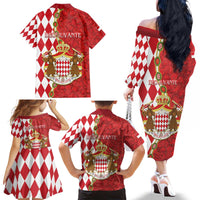 Monaco National Day Family Matching Off The Shoulder Long Sleeve Dress and Hawaiian Shirt Coat Of Arms Mix Red Carnation Pattern - Wonder Print Shop