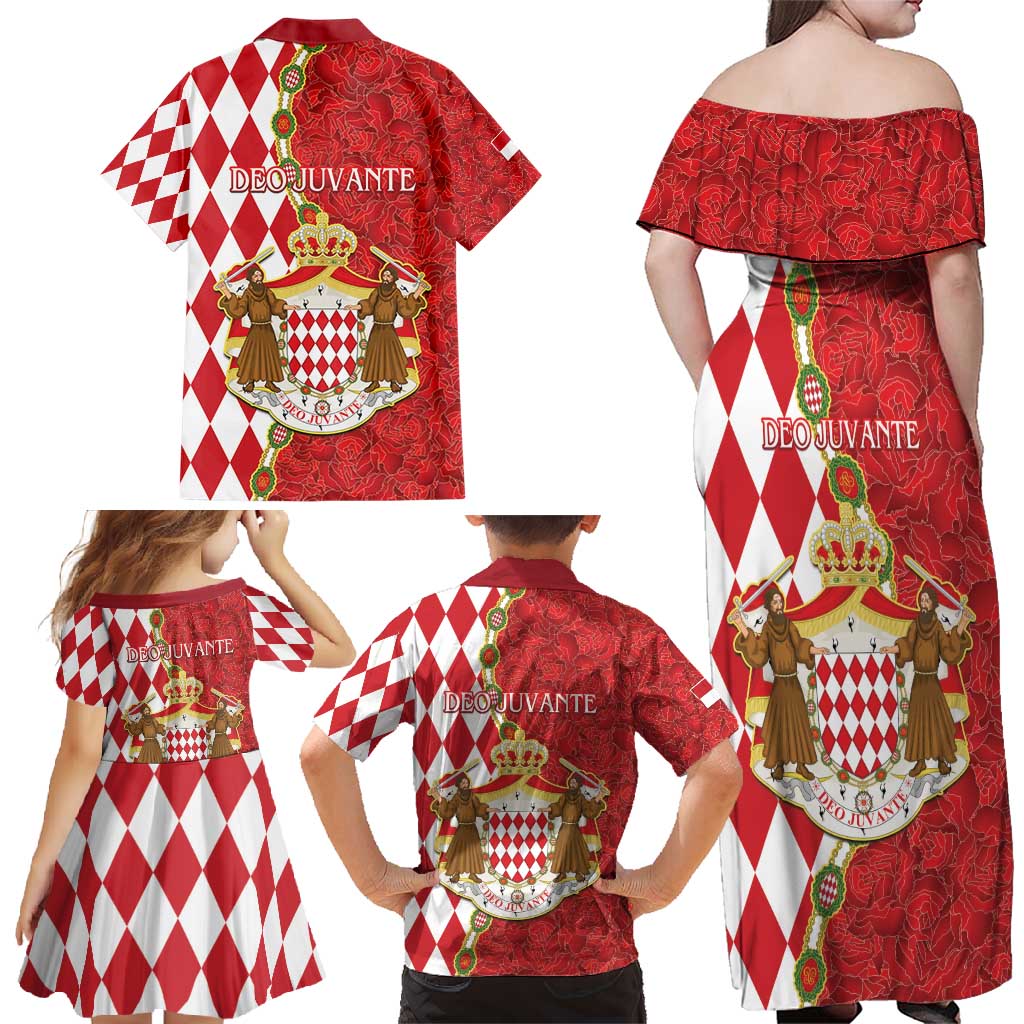 Monaco National Day Family Matching Off Shoulder Maxi Dress and Hawaiian Shirt Coat Of Arms Mix Red Carnation Pattern - Wonder Print Shop