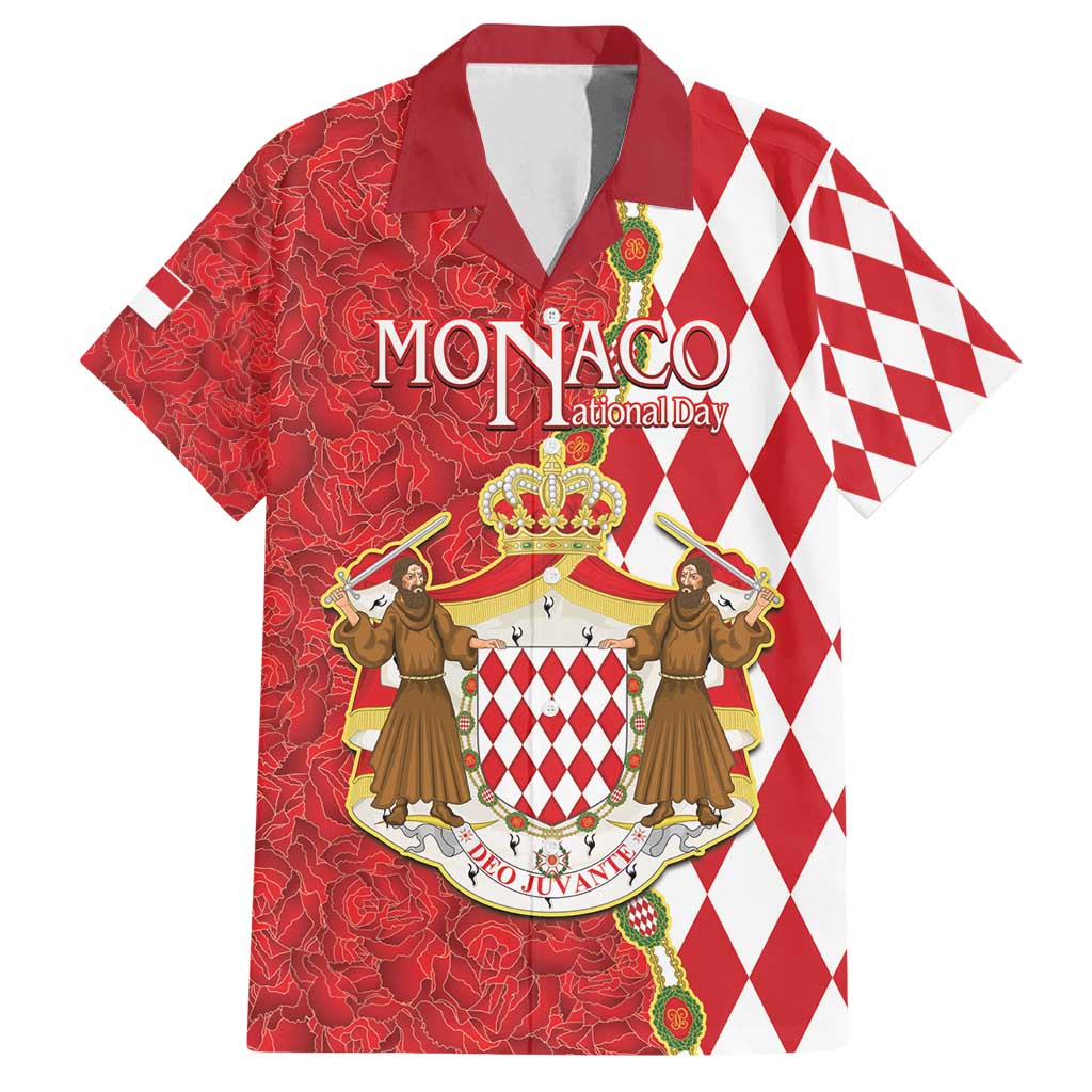 Monaco National Day Family Matching Off Shoulder Short Dress and Hawaiian Shirt Coat Of Arms Mix Red Carnation Pattern - Wonder Print Shop