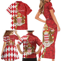 Monaco National Day Family Matching Short Sleeve Bodycon Dress and Hawaiian Shirt Coat Of Arms Mix Red Carnation Pattern - Wonder Print Shop