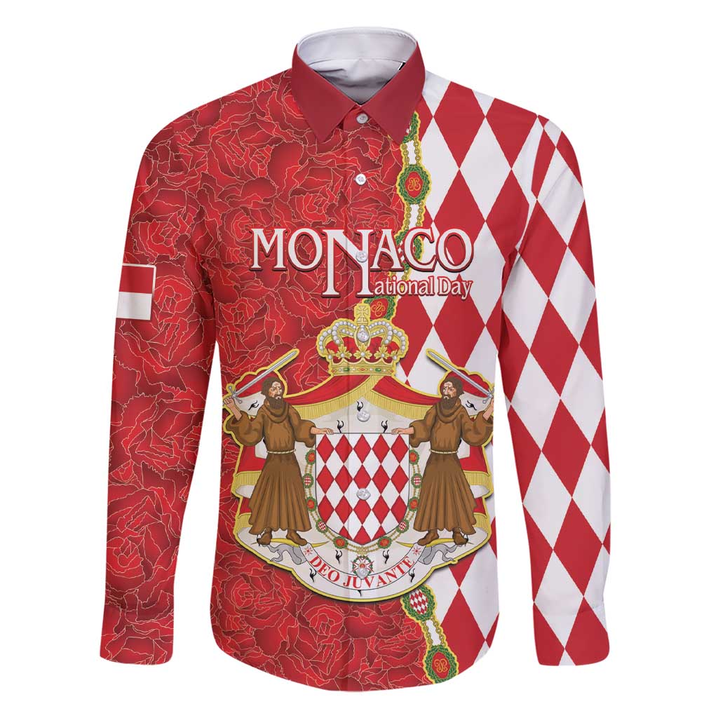 Monaco National Day Family Matching Short Sleeve Bodycon Dress and Hawaiian Shirt Coat Of Arms Mix Red Carnation Pattern - Wonder Print Shop