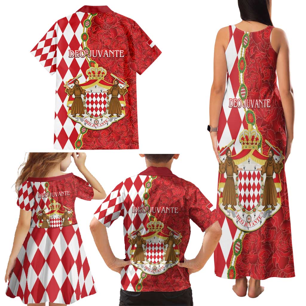 Monaco National Day Family Matching Tank Maxi Dress and Hawaiian Shirt Coat Of Arms Mix Red Carnation Pattern - Wonder Print Shop