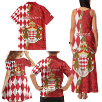 Monaco National Day Family Matching Tank Maxi Dress and Hawaiian Shirt Coat Of Arms Mix Red Carnation Pattern - Wonder Print Shop