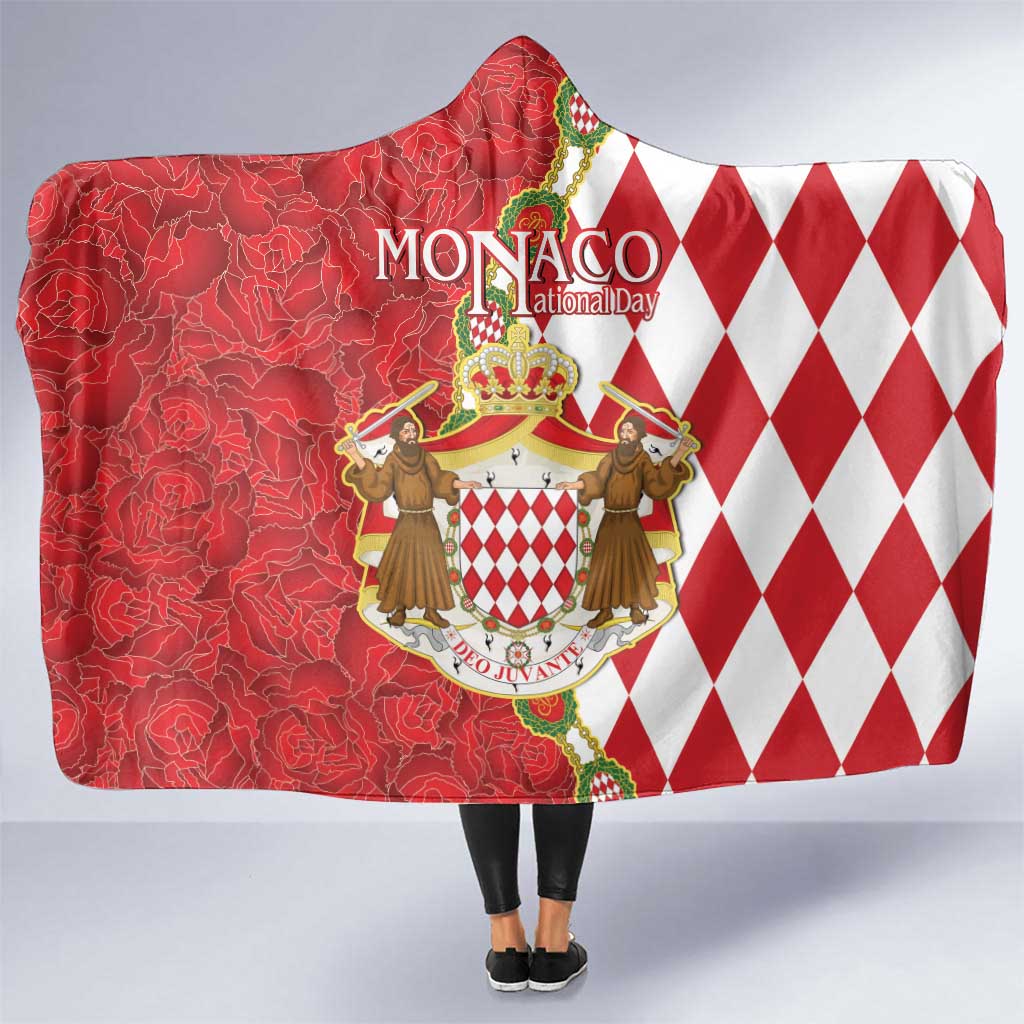 Monaco National Day Hooded Blanket Coat Of Arms Mix Red Carnation Pattern