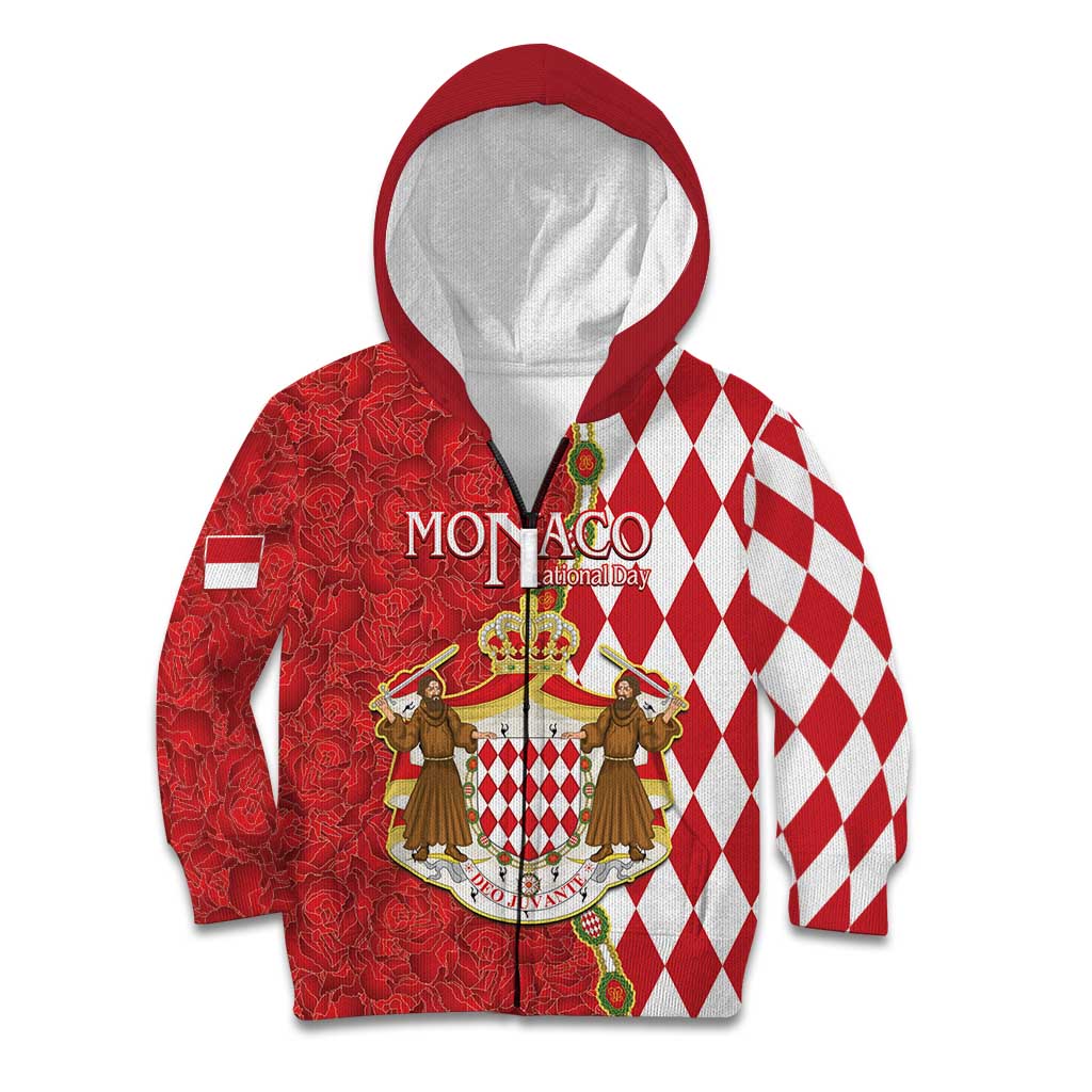 Monaco National Day Kid Hoodie Coat Of Arms Mix Red Carnation Pattern - Wonder Print Shop