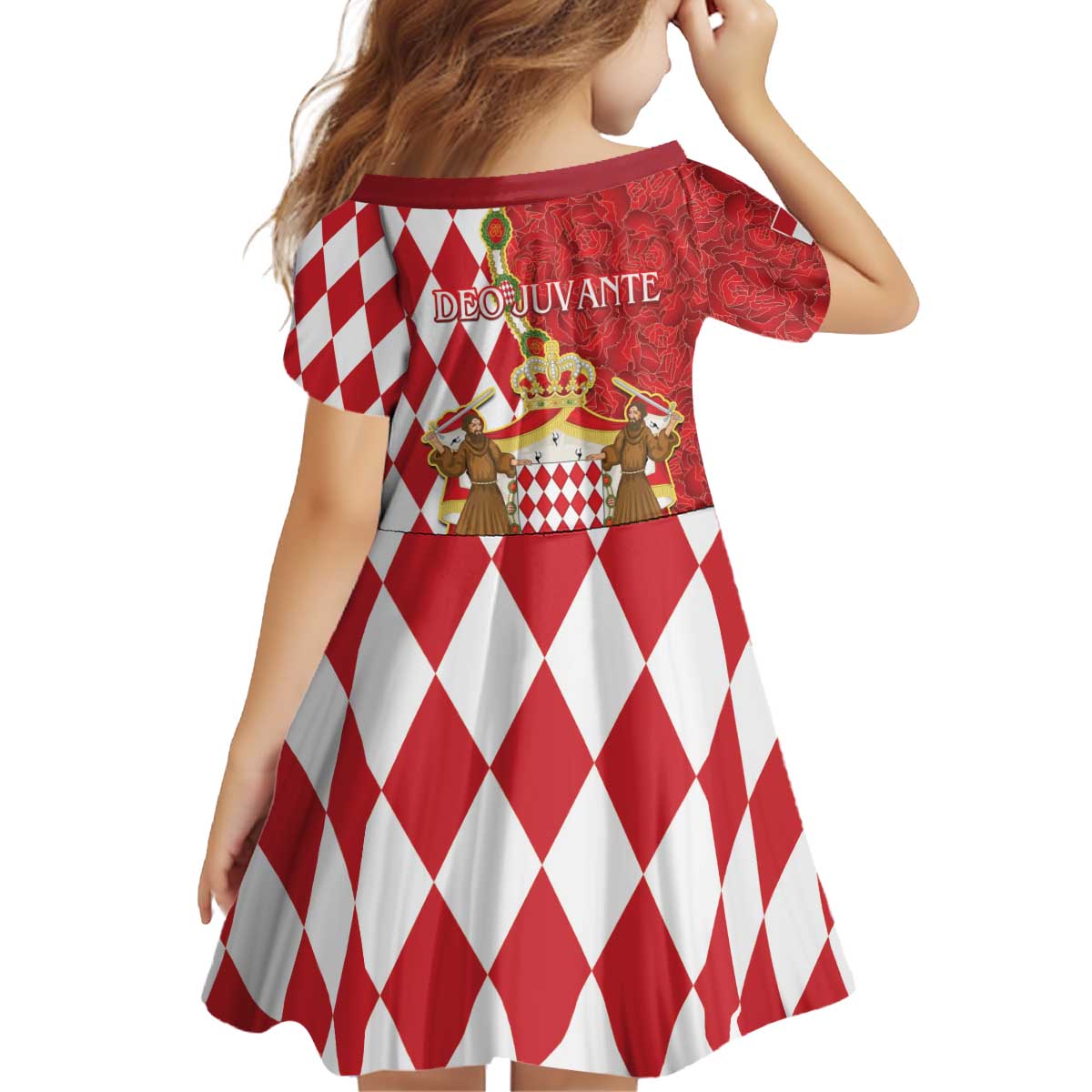 Monaco National Day Kid Short Sleeve Dress Coat Of Arms Mix Red Carnation Pattern - Wonder Print Shop