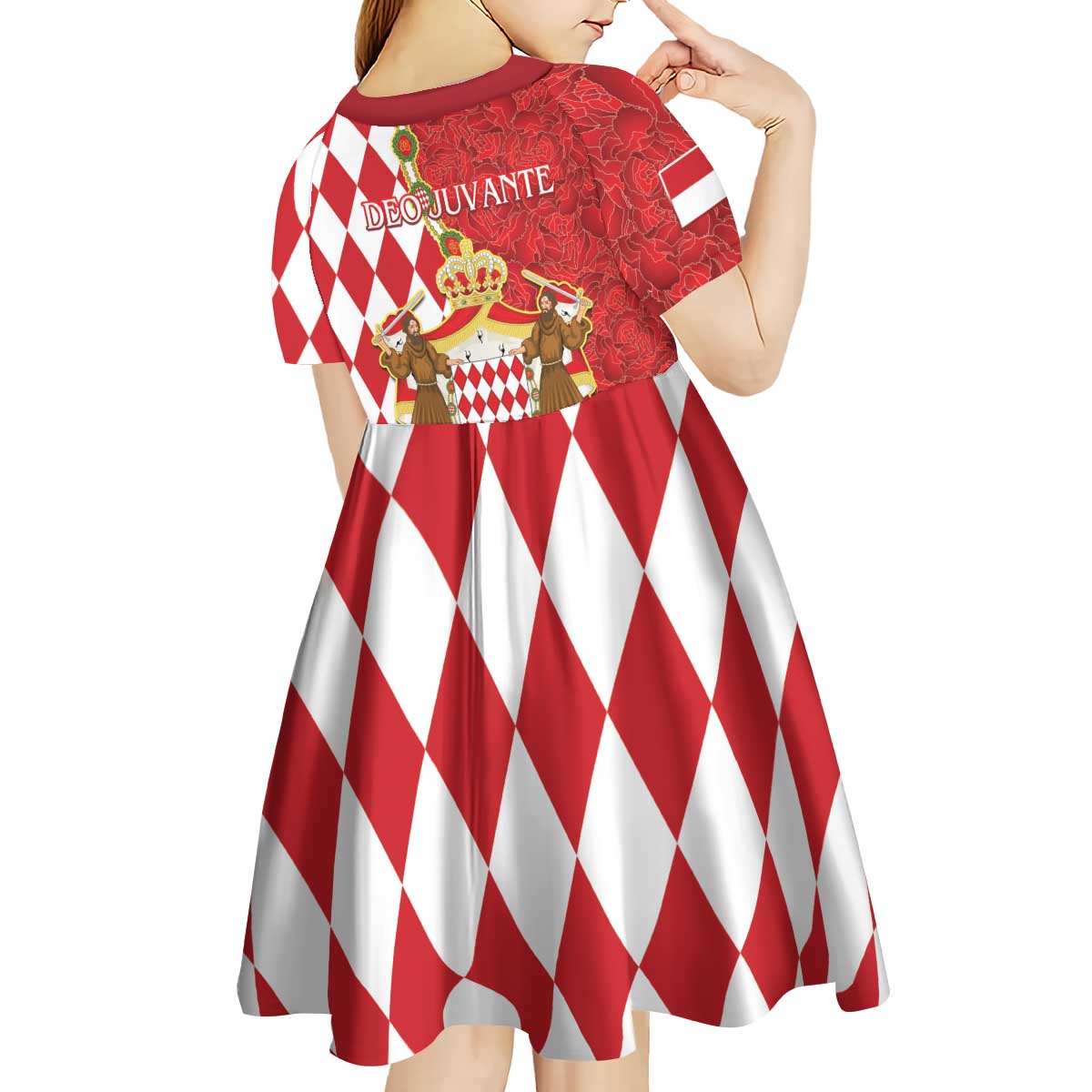 Monaco National Day Kid Short Sleeve Dress Coat Of Arms Mix Red Carnation Pattern - Wonder Print Shop