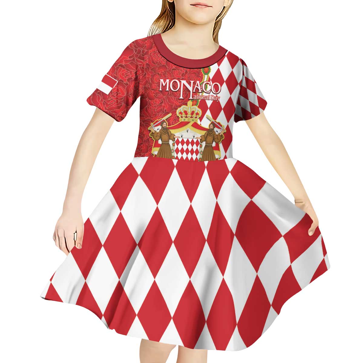 Monaco National Day Kid Short Sleeve Dress Coat Of Arms Mix Red Carnation Pattern - Wonder Print Shop