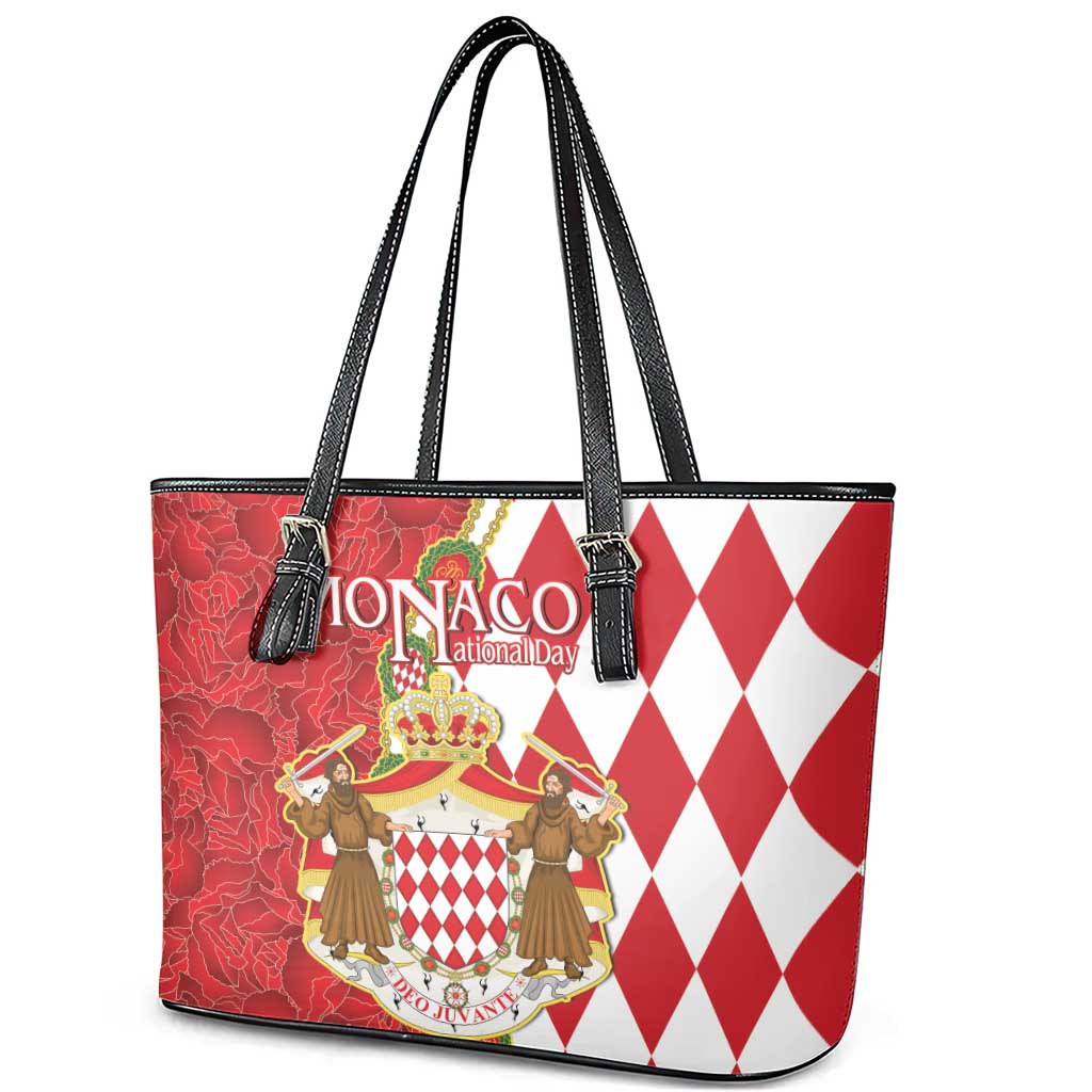 Monaco National Day Leather Tote Bag Coat Of Arms Mix Red Carnation Pattern - Wonder Print Shop