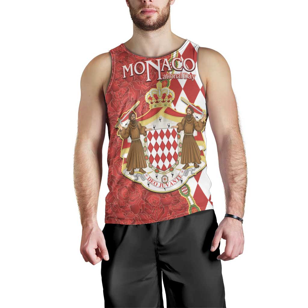 Monaco National Day Men Tank Top Coat Of Arms Mix Red Carnation Pattern - Wonder Print Shop