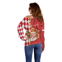 Monaco National Day Off Shoulder Sweater Coat Of Arms Mix Red Carnation Pattern - Wonder Print Shop