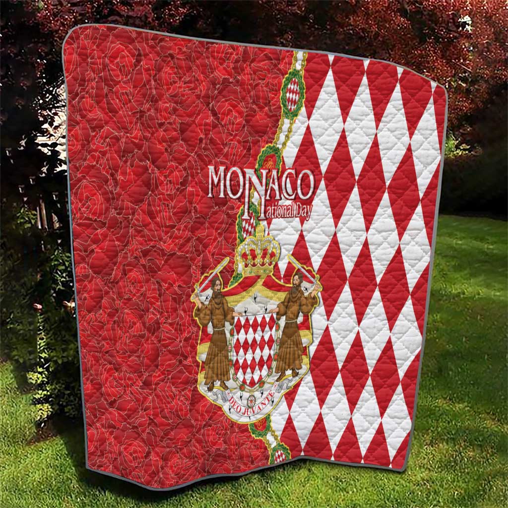 Monaco National Day Quilt Coat Of Arms Mix Red Carnation Pattern - Wonder Print Shop