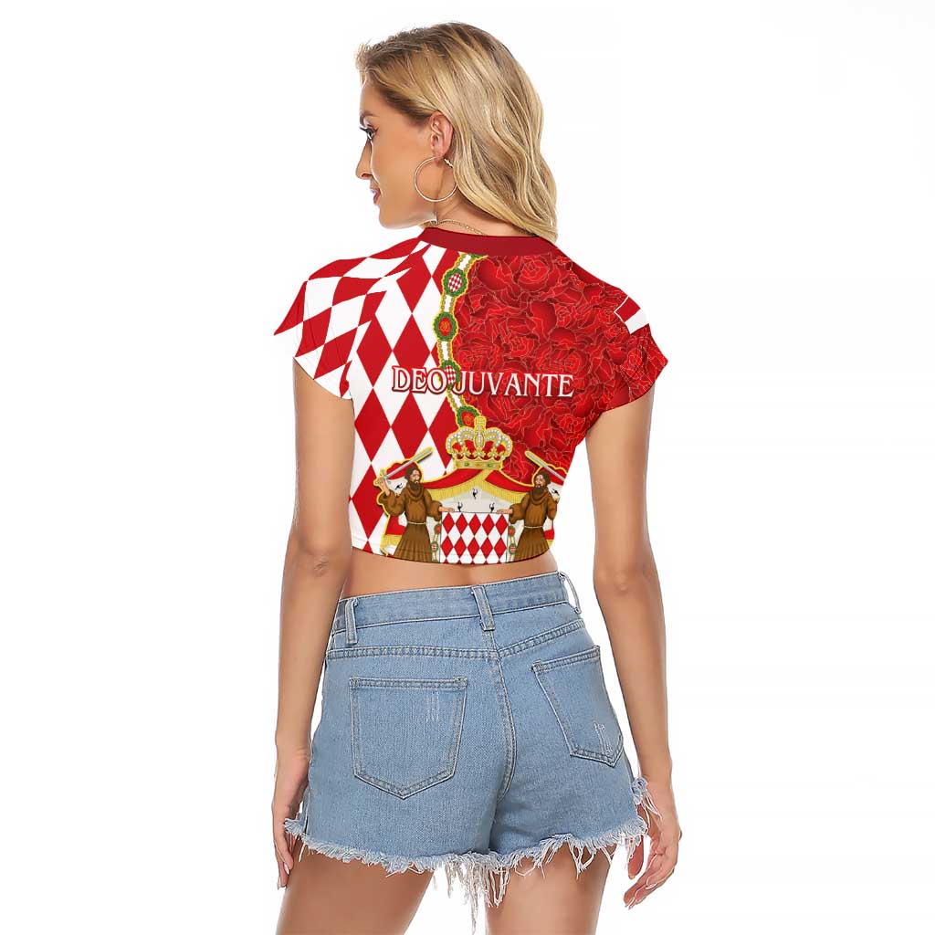 Monaco National Day Raglan Cropped T Shirt Coat Of Arms Mix Red Carnation Pattern - Wonder Print Shop