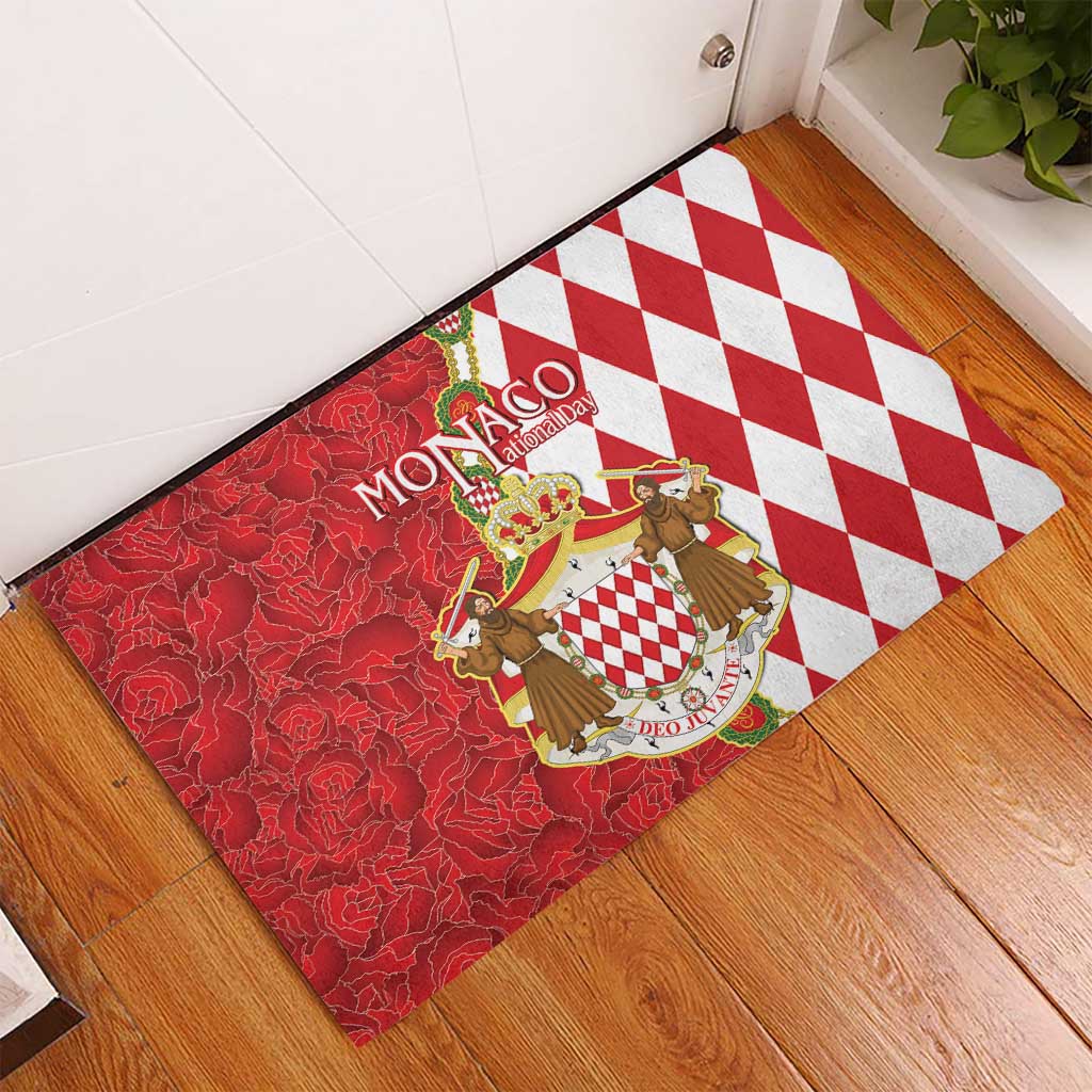 Monaco National Day Rubber Doormat Coat Of Arms Mix Red Carnation Pattern - Wonder Print Shop