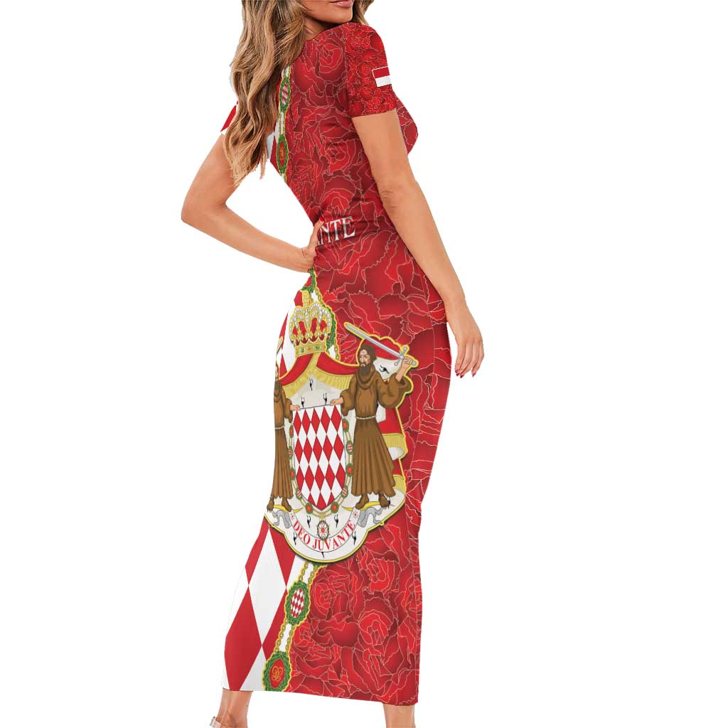 Monaco National Day Short Sleeve Bodycon Dress Coat Of Arms Mix Red Carnation Pattern - Wonder Print Shop