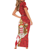 Monaco National Day Short Sleeve Bodycon Dress Coat Of Arms Mix Red Carnation Pattern - Wonder Print Shop