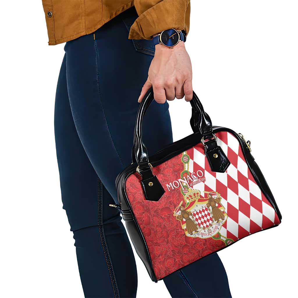 Monaco National Day Shoulder Handbag Coat Of Arms Mix Red Carnation Pattern