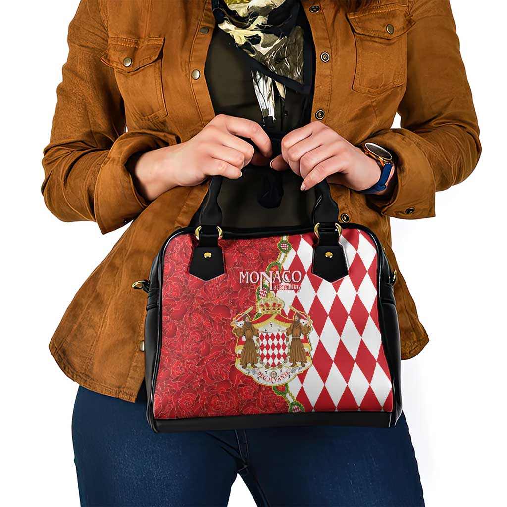 Monaco National Day Shoulder Handbag Coat Of Arms Mix Red Carnation Pattern
