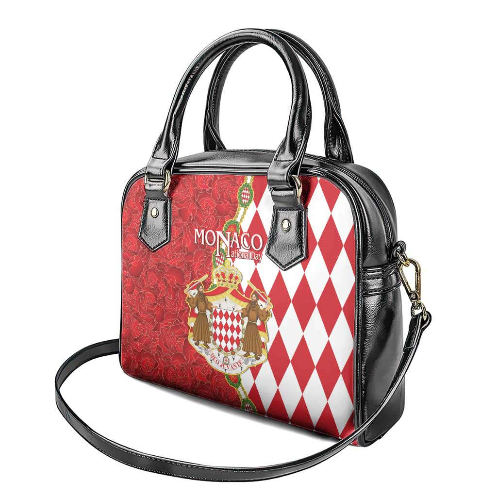 Monaco National Day Shoulder Handbag Coat Of Arms Mix Red Carnation Pattern