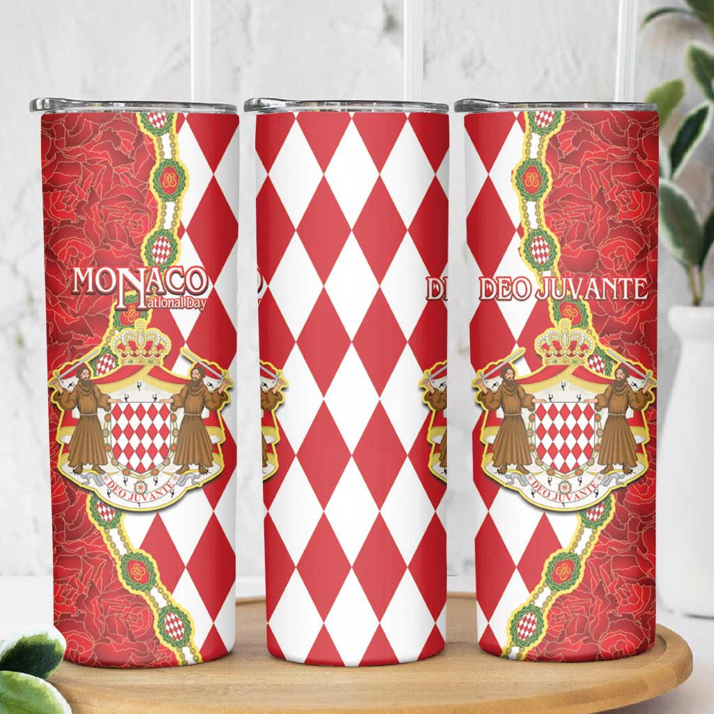 Monaco National Day Skinny Tumbler Coat Of Arms Mix Red Carnation Pattern - Wonder Print Shop