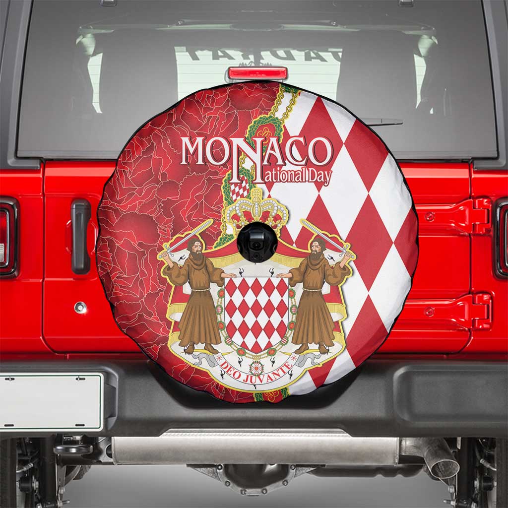 Monaco National Day Spare Tire Cover Coat Of Arms Mix Red Carnation Pattern - Wonder Print Shop