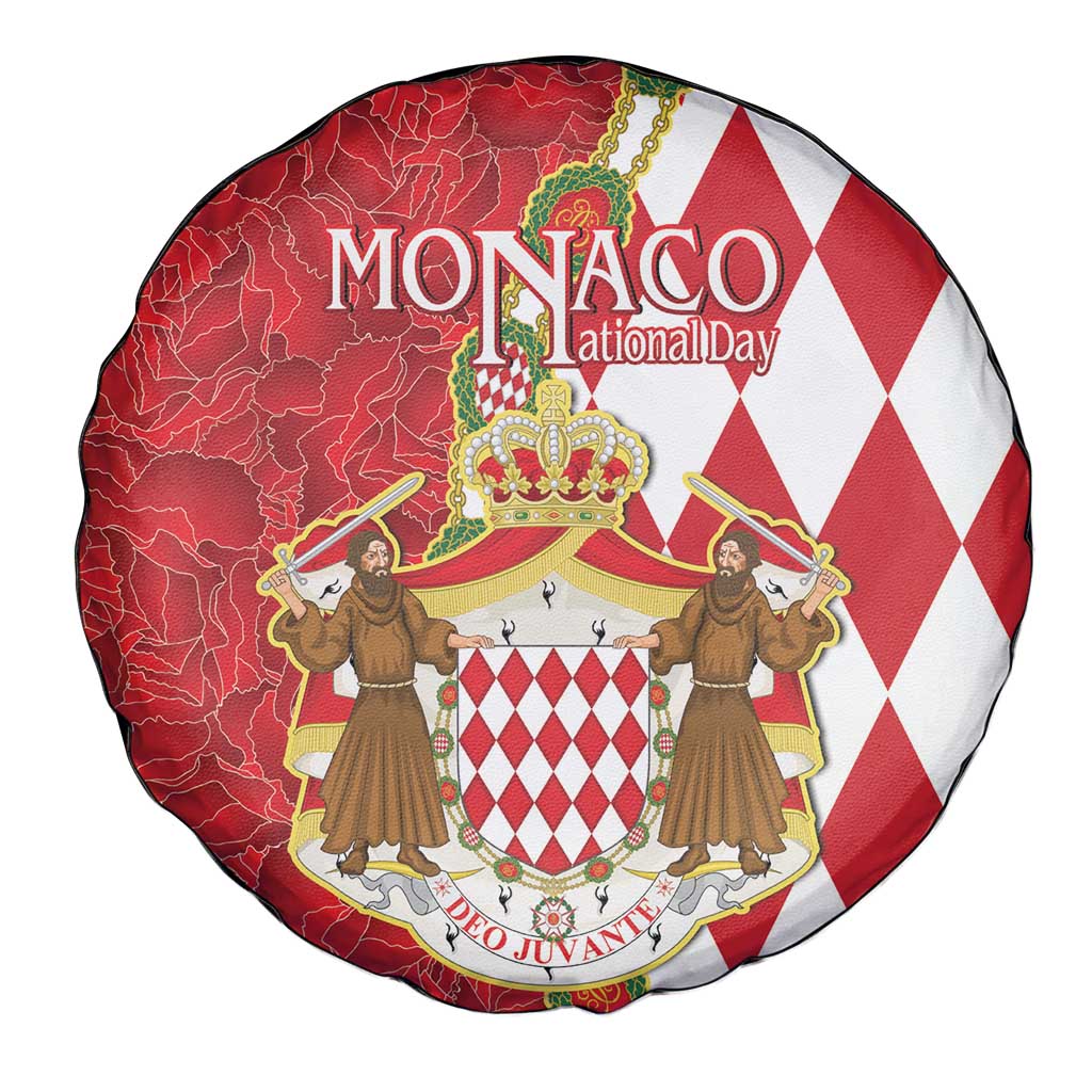 Monaco National Day Spare Tire Cover Coat Of Arms Mix Red Carnation Pattern - Wonder Print Shop