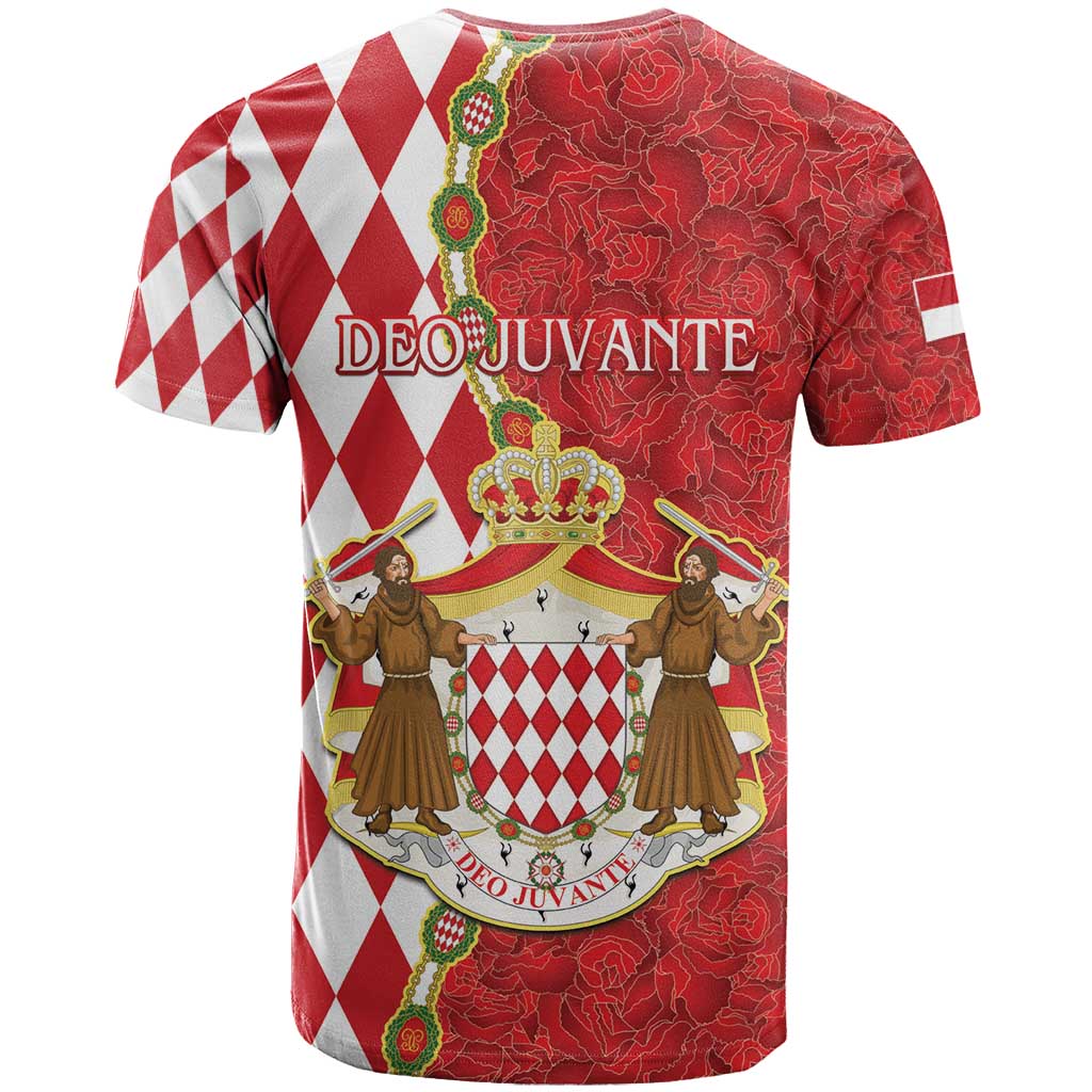 Monaco National Day T Shirt Coat Of Arms Mix Red Carnation Pattern - Wonder Print Shop